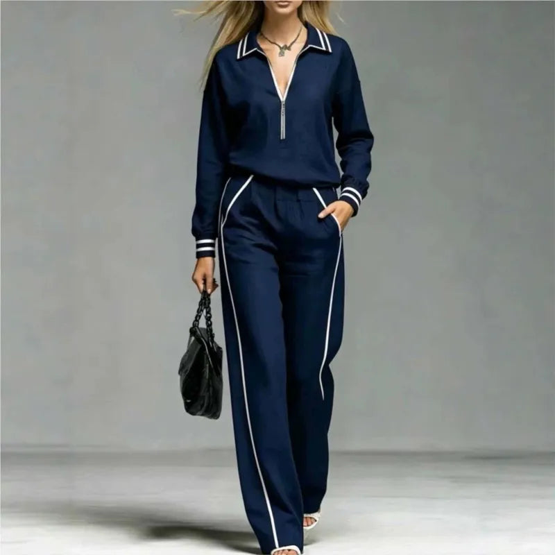 Women's Half Zipper Striped Sweatshirt Wide Leg Pants Set