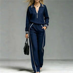 Women's Half Zipper Striped Sweatshirt Wide Leg Pants Set