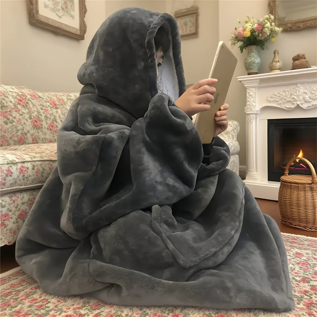 Cozy Oversized Reversible Fleece Wearable Hoodie Blanket with Kangaroo Pocket