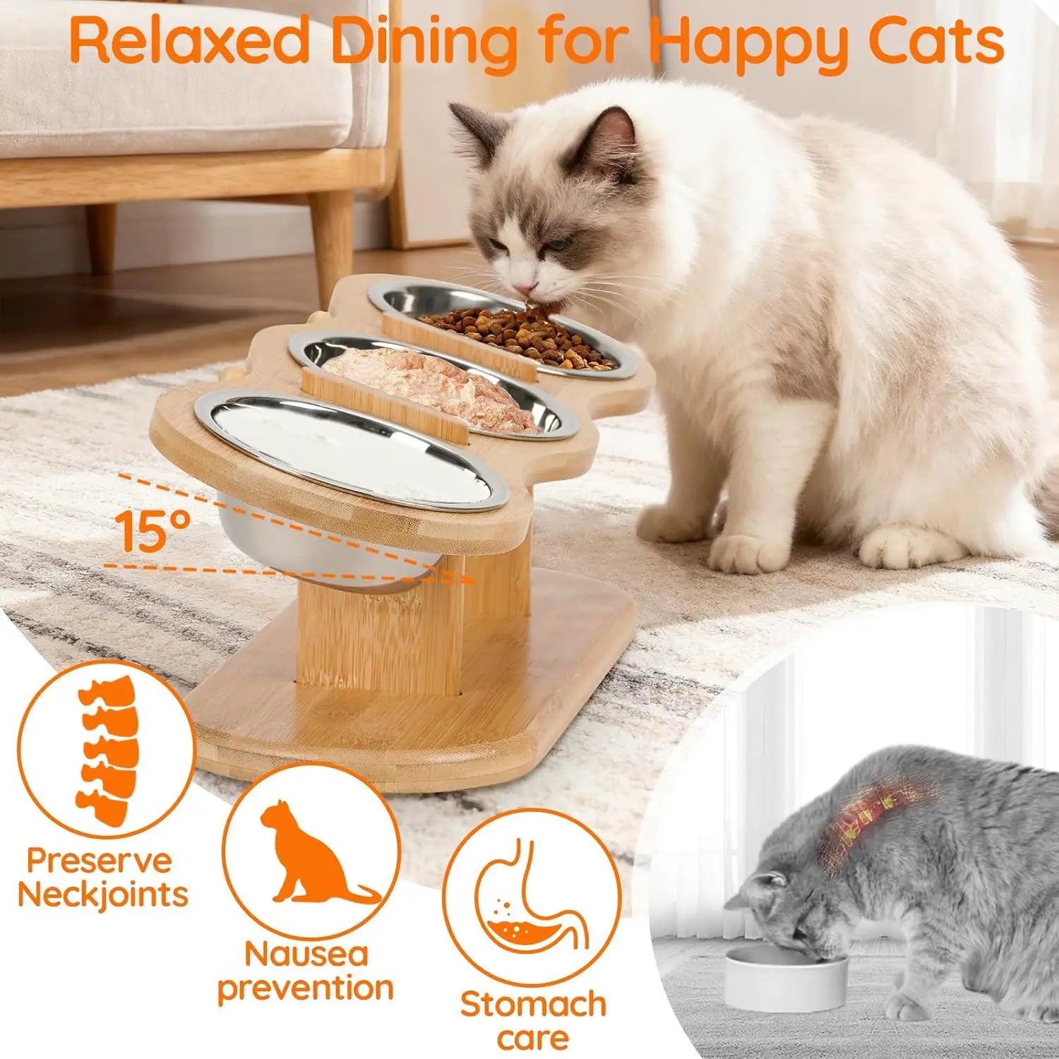 Elevated Wood Cat Feeder with 3 Stainless Steel Bowls