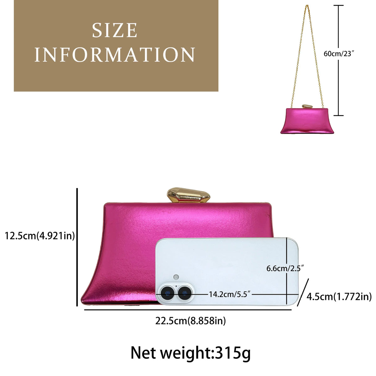 Women's Metallic Trapezoid Evening Clutch Bag with Gold Clasp