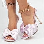 Women's Trendy Butterfly Knot Silk High Heel Slide Slippers
