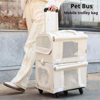 Foldable Double-Layer Pet Carrier with Wheels Breathable Travel Trolley for Two Cats