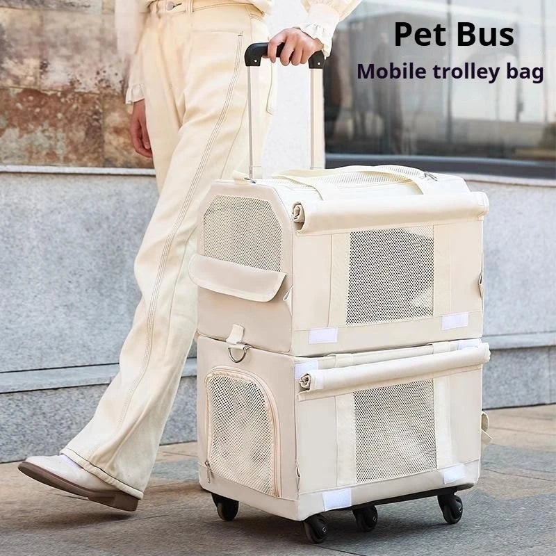 Foldable Double-Layer Pet Carrier with Wheels Breathable Travel Trolley for Two Cats