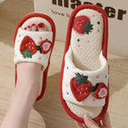 Strawberry Print Linen Floor Slippers with Soft Non-Slip Sole