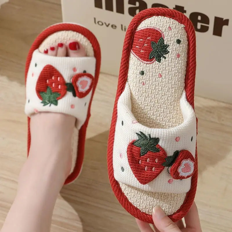 Strawberry Print Linen Floor Slippers with Soft Non-Slip Sole