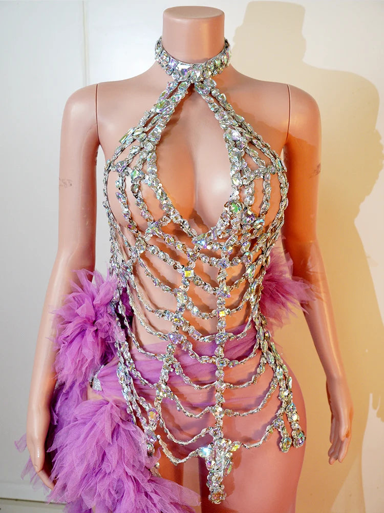 Women's Fashion Purple Spider Web Gauze Halter Two-Piece Performance Dress Set