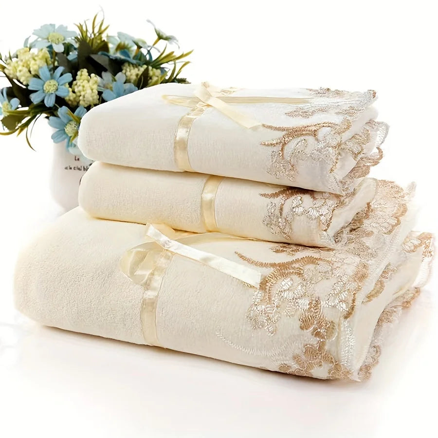 Luxury Lace Microfiber Bath Towel and Soft Absorbent Hand Towel Set