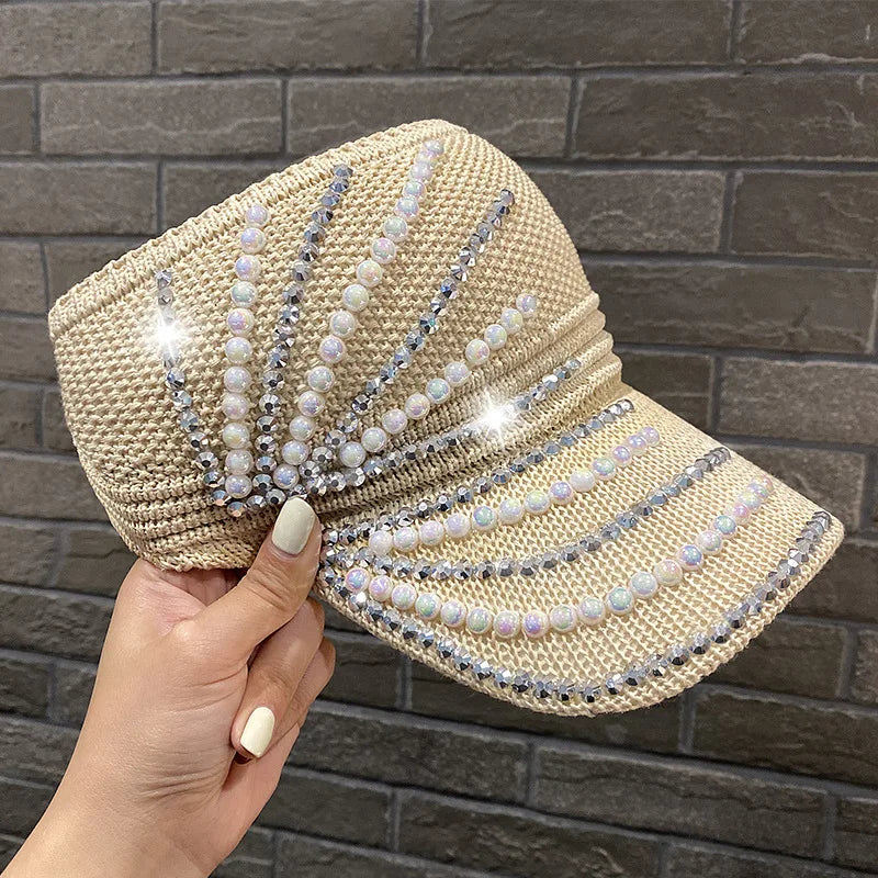 Women's Empty Top Visor Sun Hat with Rhinestones and Pearls