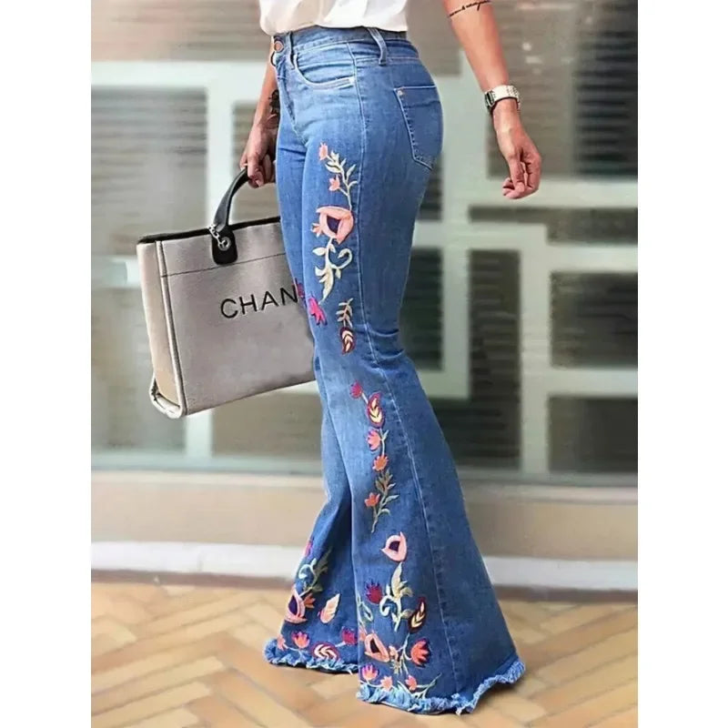Women's High Stretch Flared Jeans with Embroidery Royal Blue