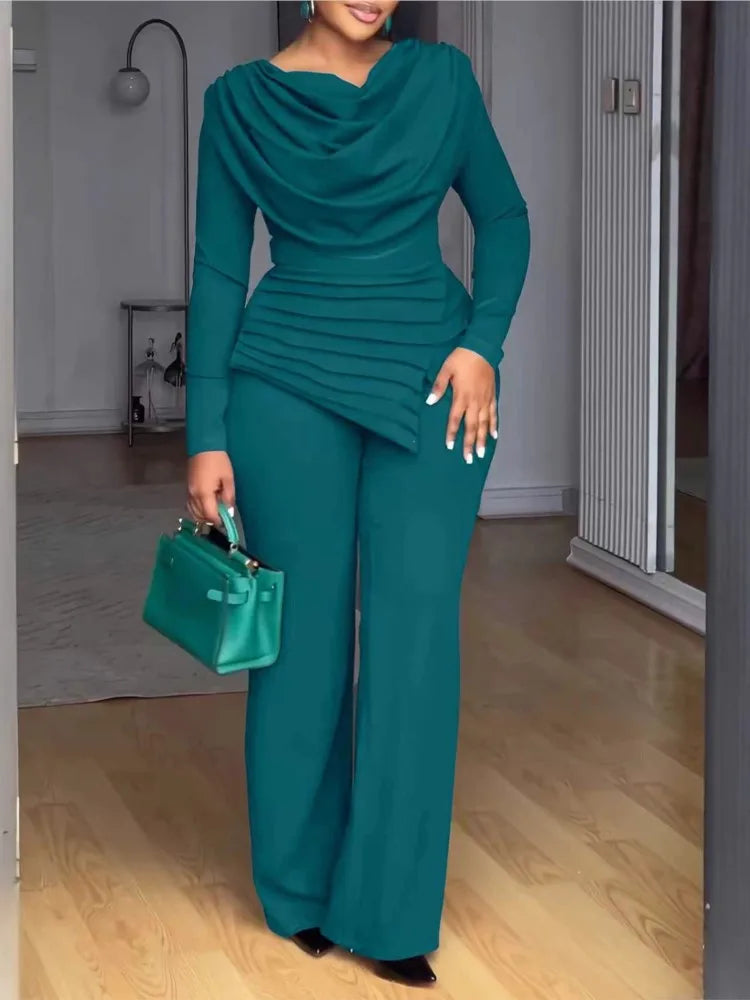 Women's Pile Collar Top Wide Leg Pants Set