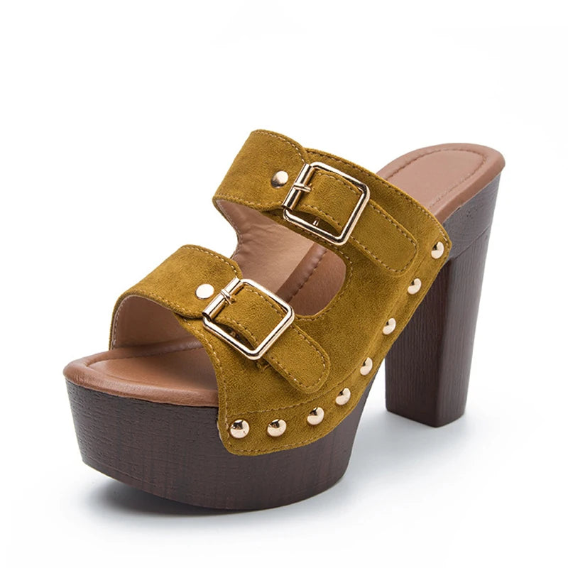 Women's Chunky Wooden Platform Sandals with Rivet Buckle Strap