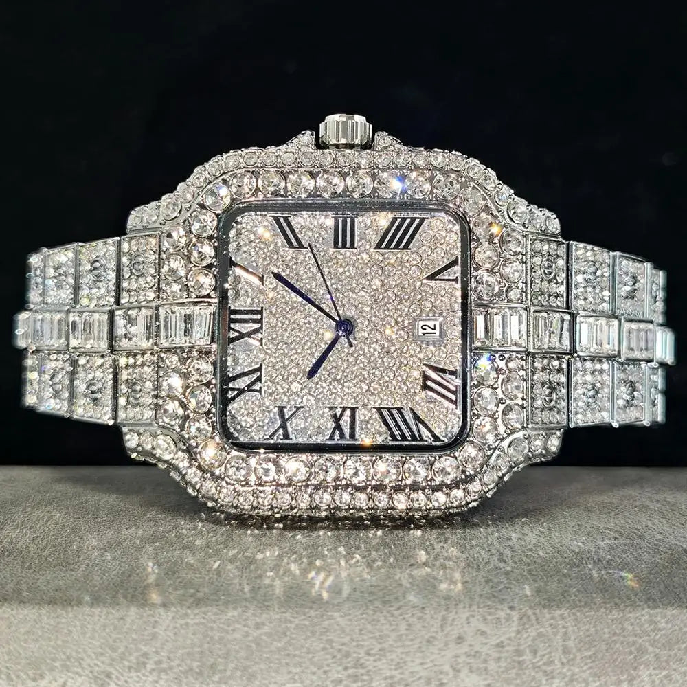 DITALING Men's Hip Hop Square Quartz Watch Stainless Steel 1.7in