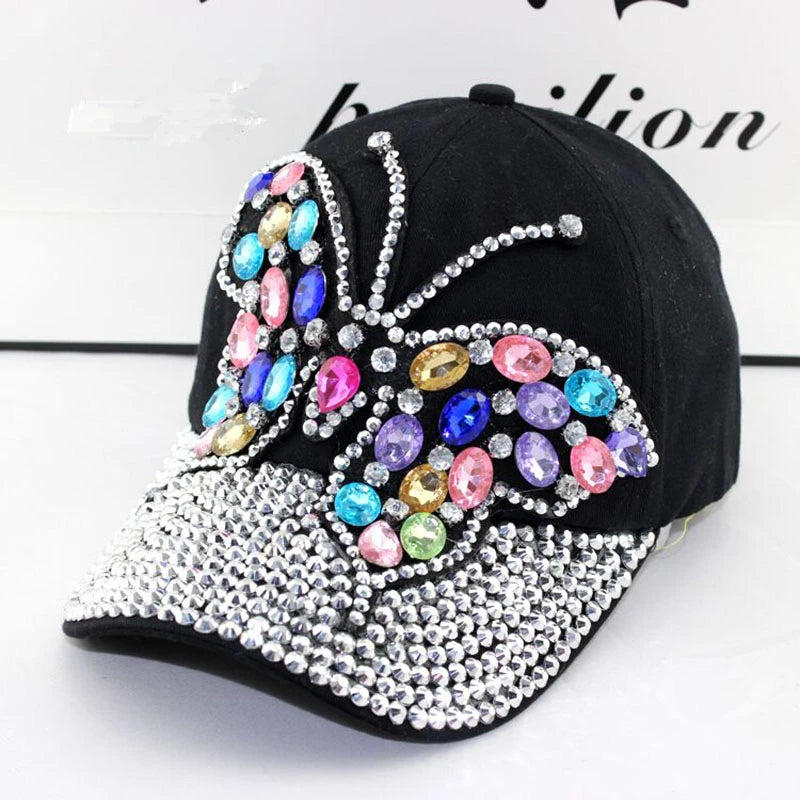Women's Rhinestone Butterfly Denim Baseball Cap Adjustable Snapback