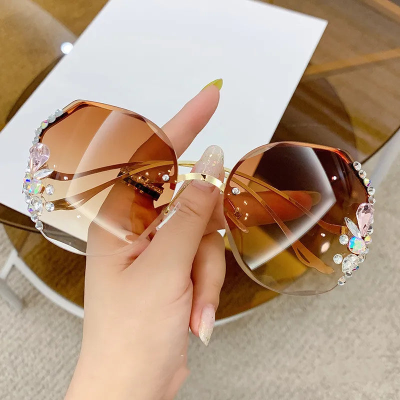 Women's Trendy Diamond Cut Edge Rimless Oversized Sunglasses