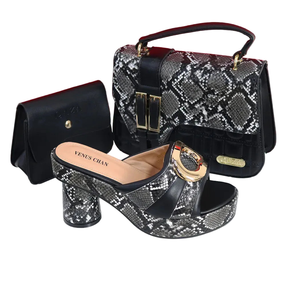 Women's Rhinestone Round Toe Thin Heels and Handbag Set