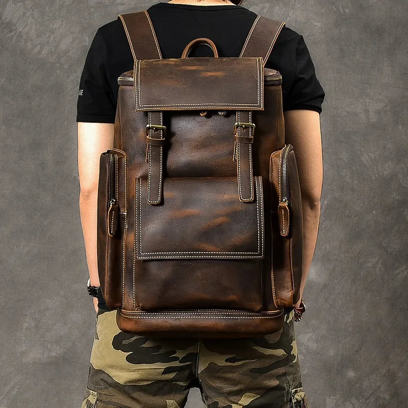 Men's Fashion Genuine Leather Large Capacity Hiking Travel Backpack