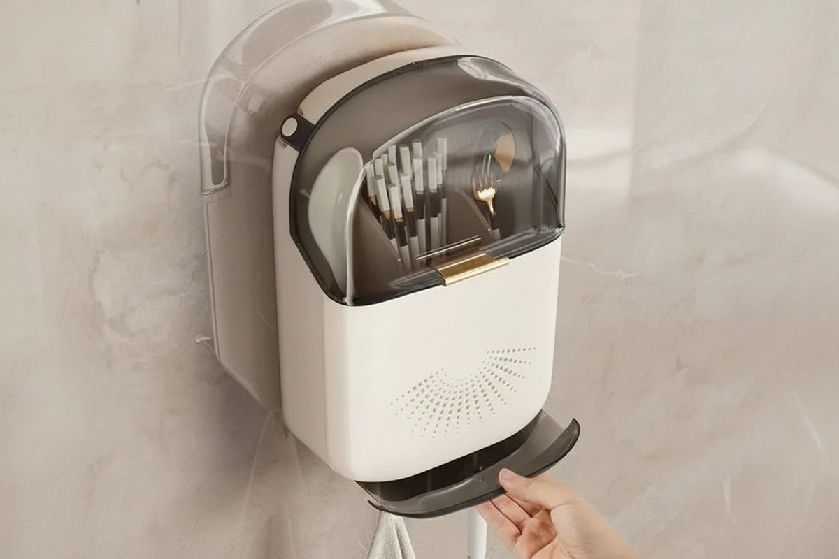 Wall-Mounted Drain Cutlery Organizer and Dustproof Spoon Holder