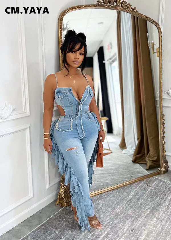 Women's Sleeveless Denim Jumpsuit Backless Tassel Strap Playsuit Blue