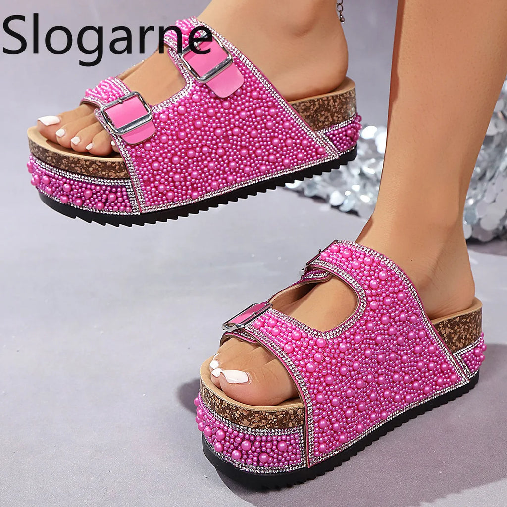 Women's Pearl Rhinestone Wedge Platform Sandals and Slides
