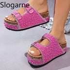 Women's Pearl Rhinestone Wedge Platform Sandals and Slides