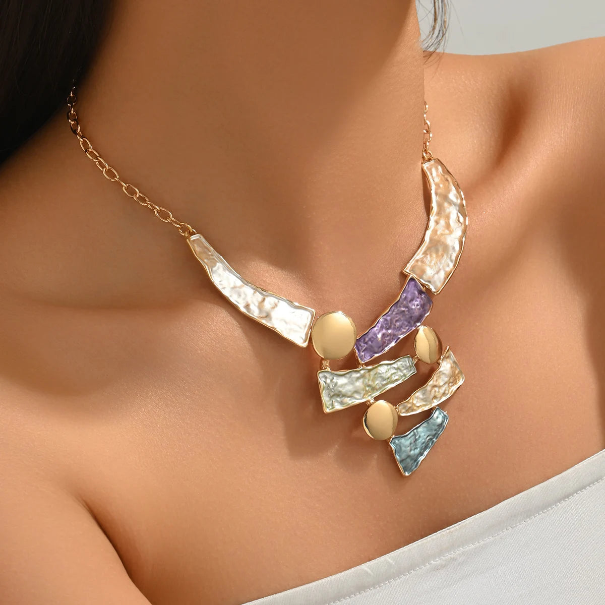 Women's Fashion Bohemian Colorful Enamel Geometric Bib Necklace