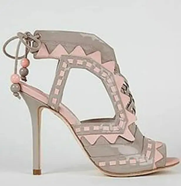 Women's Triangle Patchwork Beaded Lace-Up Sandal Boots