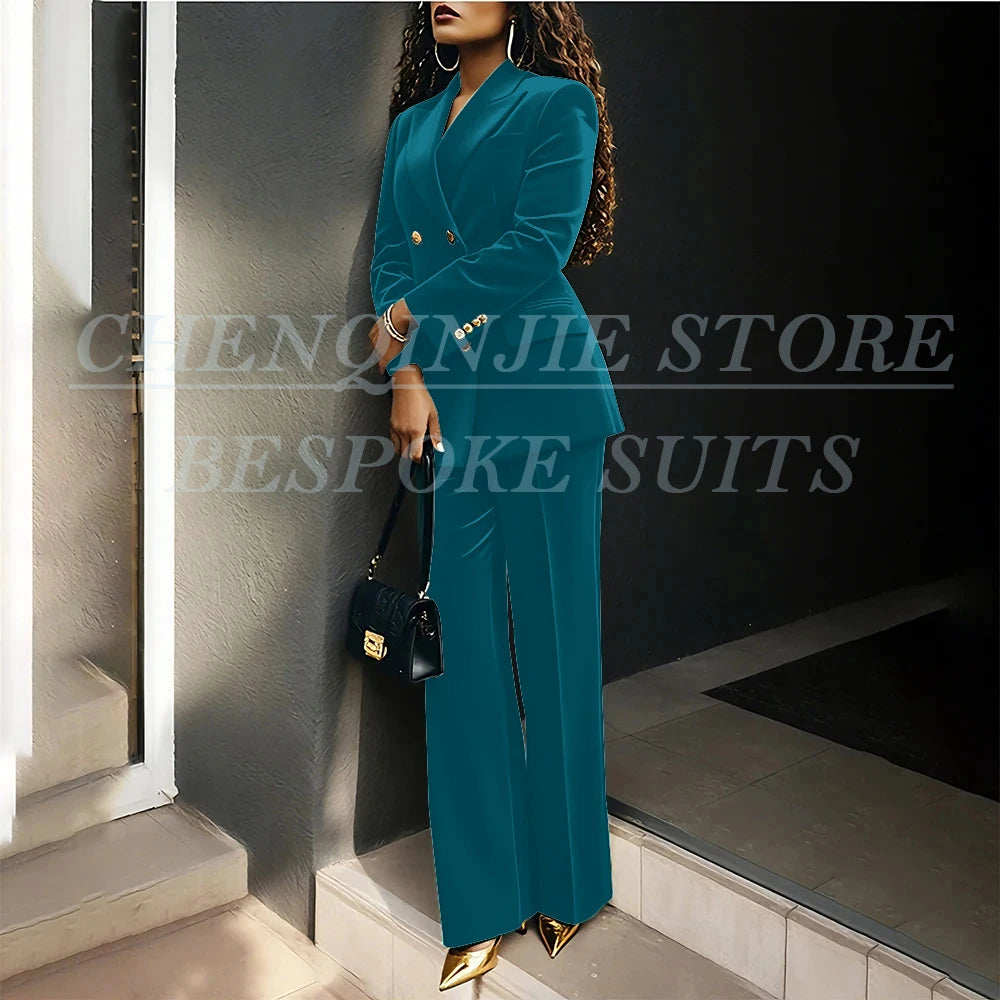 Women's Double Breasted Velvet Blazer Pants Suit