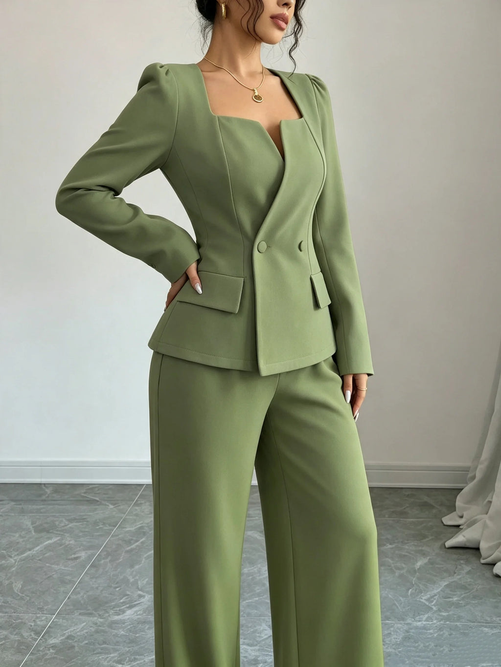 Women's Square Neck Blazer Wide Leg Pants Suit