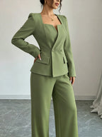 Women's Square Neck Blazer Wide Leg Pants Suit