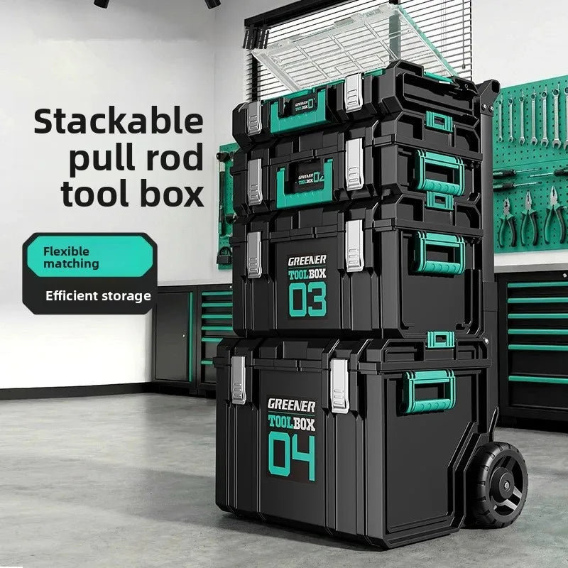 Rolling Toolbox with Pull Rod and Stacking Storage Box