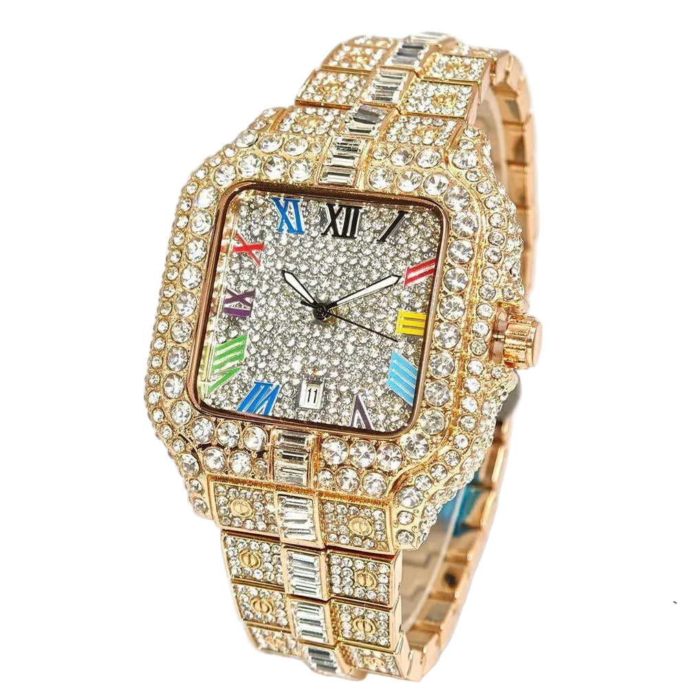DITALING Men's Hip Hop Square Quartz Watch Stainless Steel 1.7in