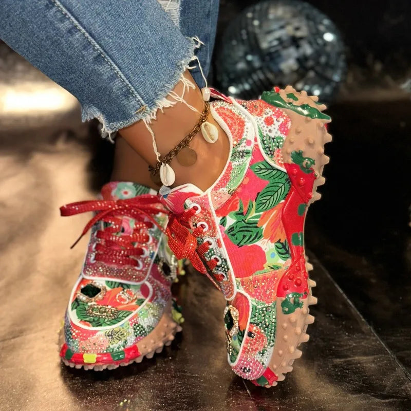 Women's Rhinestone Platform Lace-Up Casual Sneakers
