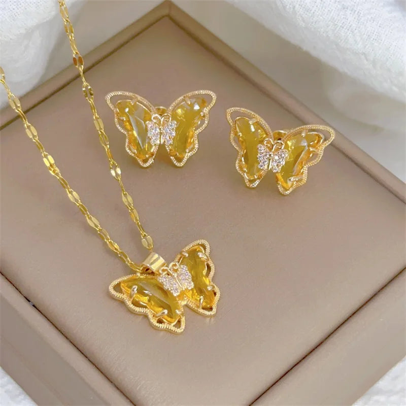 Women's Fashion Cute Micro-Inlaid Butterfly Necklace and Earrings Jewelry Set