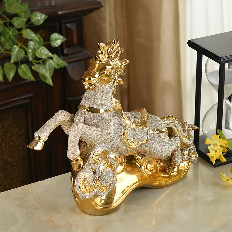 Gold Ceramic Horse Figurine and Modern Tabletop Statue