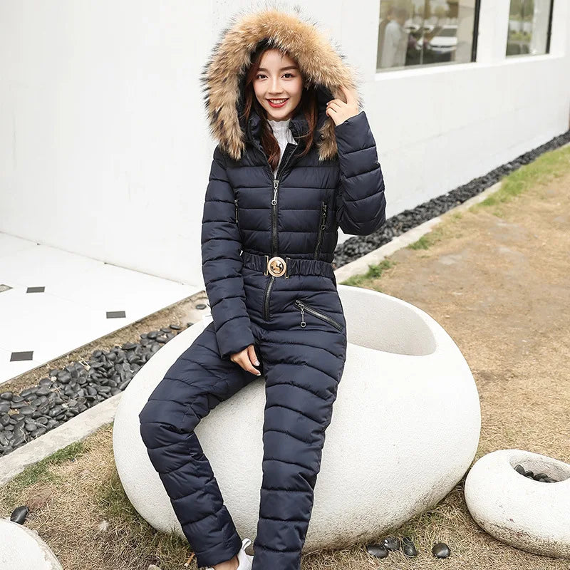 Women's Thick Warm Hooded Ski Suit Winter Parka Jumpsuit