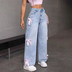 Women's Bowknot Washed Denim Loose Wide Leg Jeans