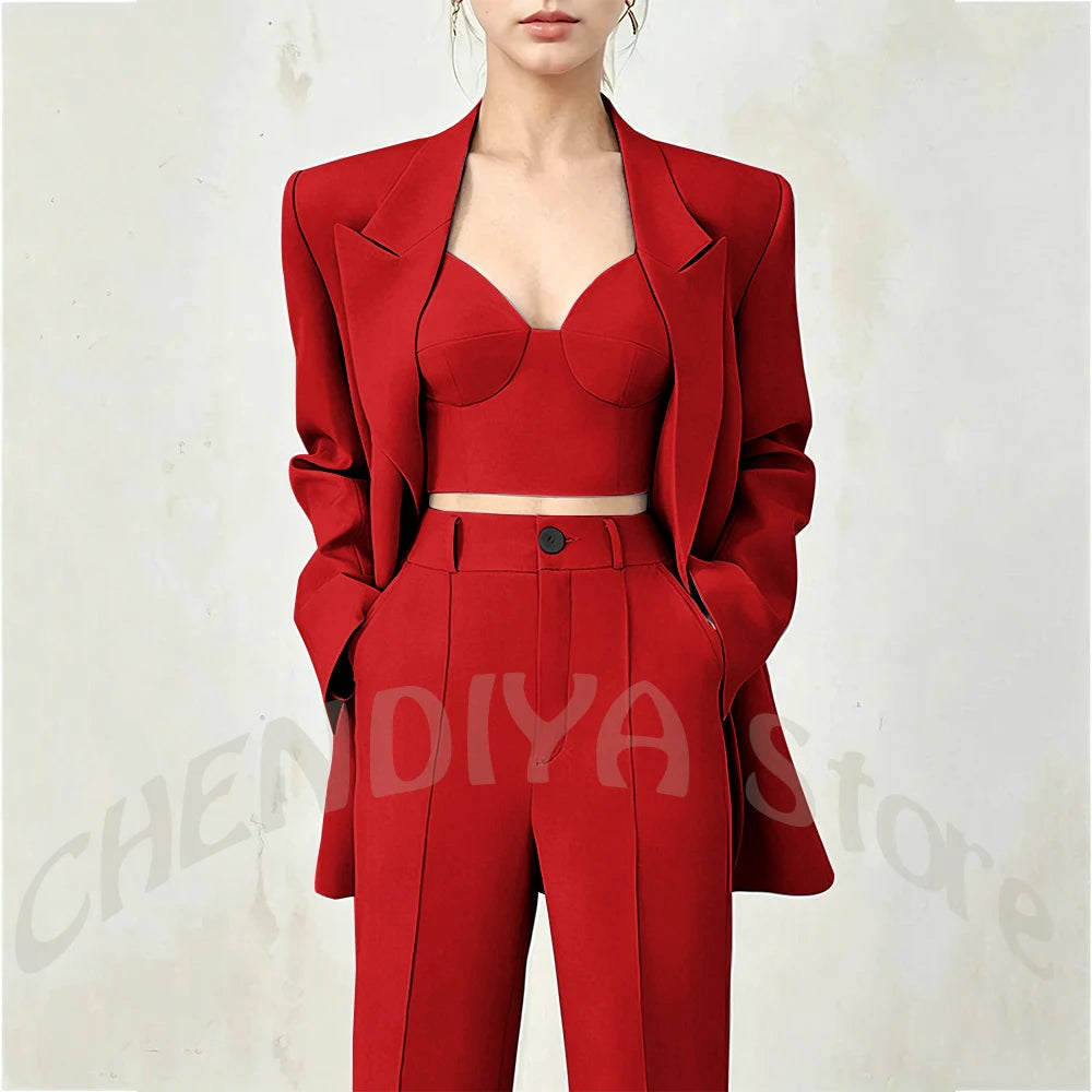 Women's Single Button Tailored Blazer and Pants Suit Set