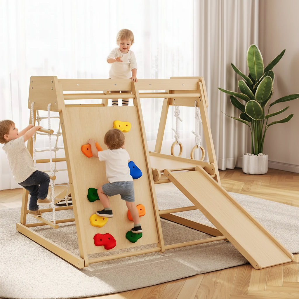 Kids 6 in 1 Wooden Indoor Jungle Gym Slide Climber Playset Toy Set