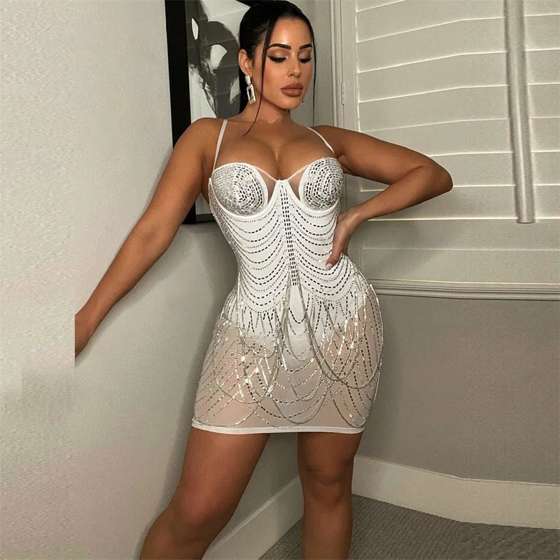 Women's Sexy Rhinestone Tassel Mesh Mini Dress