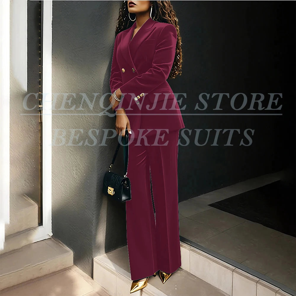 Women's Double Breasted Velvet Blazer Pants Suit