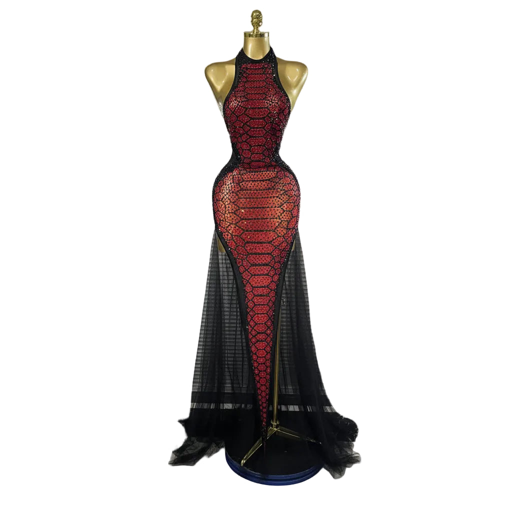 Women's Sexy Rhinestone Halter Backless Mesh Maxi Dress