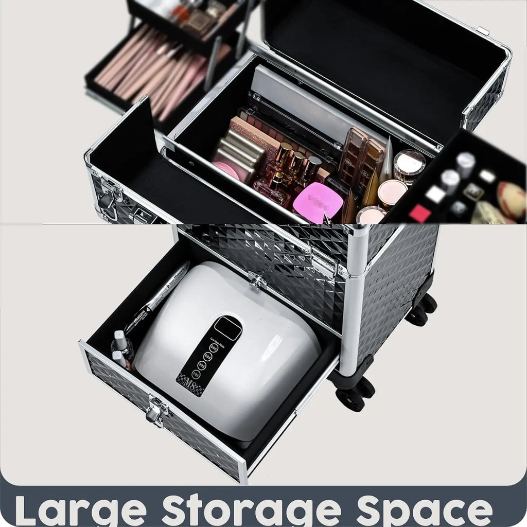Rolling Makeup Case Cosmetic Travel Trolley with 4 Sliding Trays