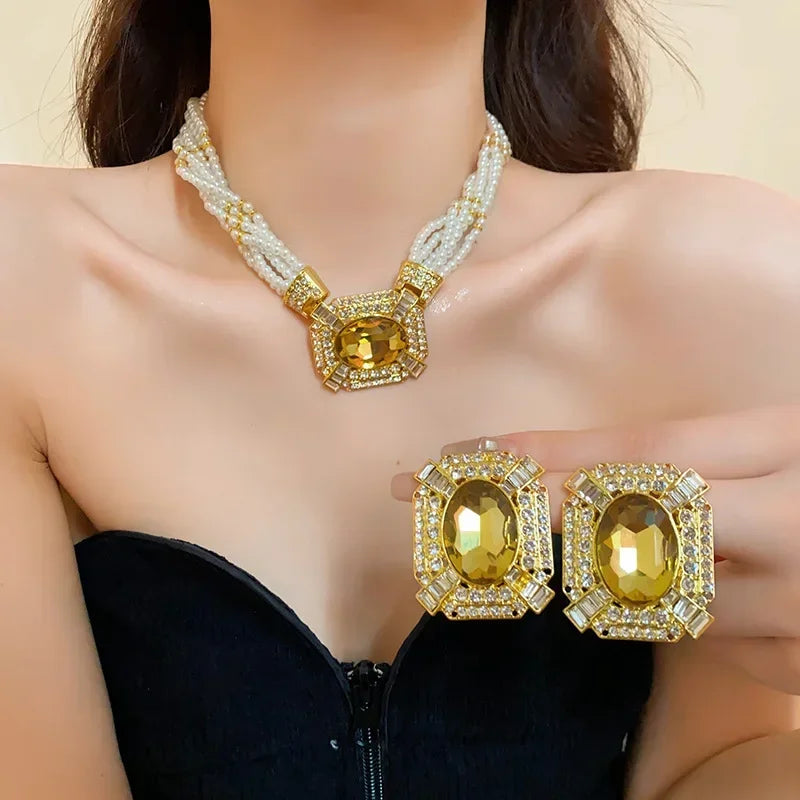 French Style Geometric Pearl Jewelry Earrings and Necklace Vintage Rhinestone