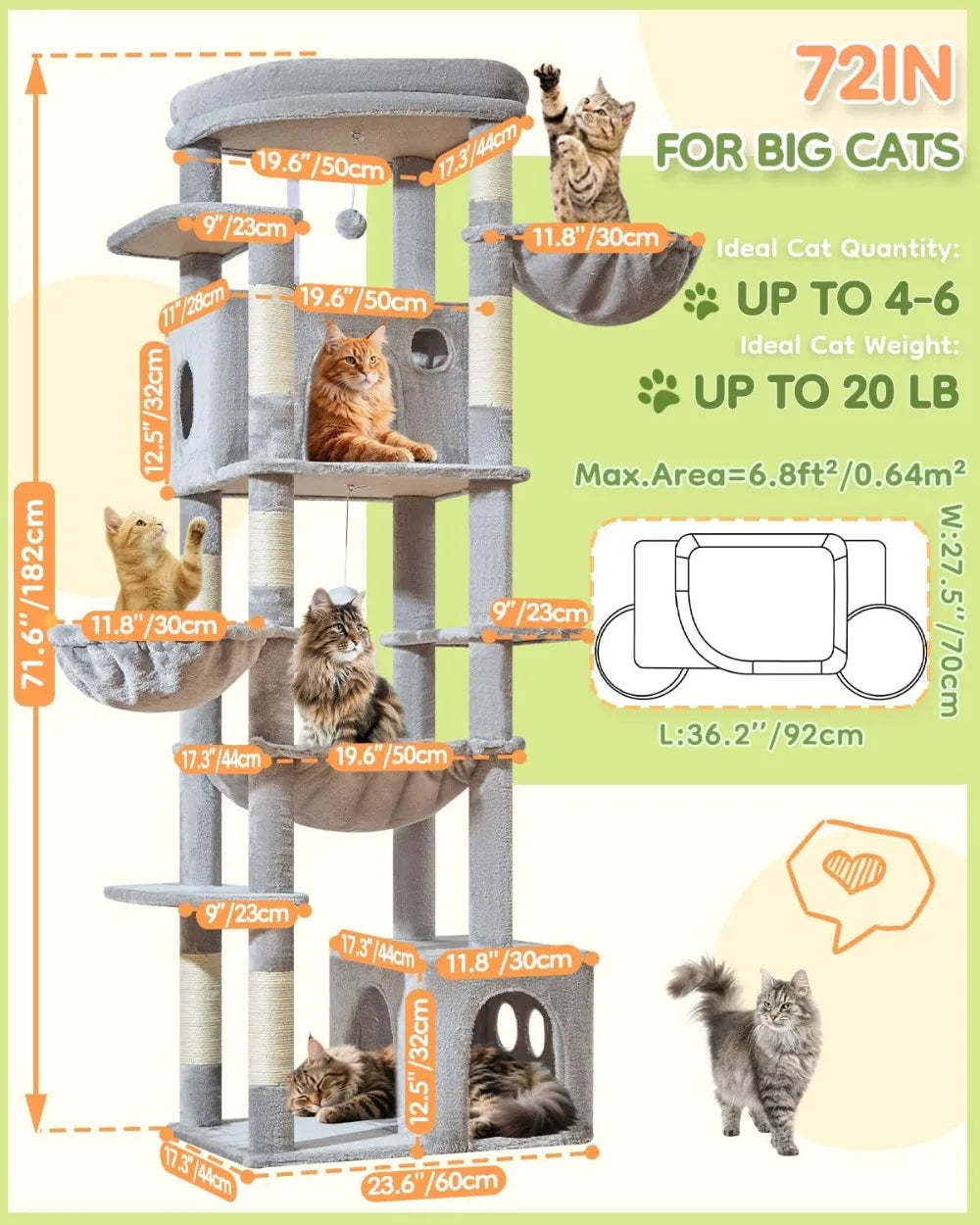 72-Inch Multi Level XXL Cat Tree Tower