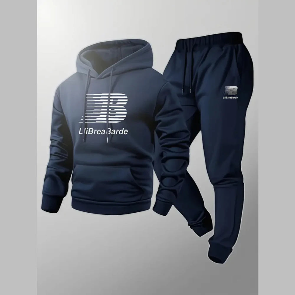Men's Casual Print Hoodie and Lace-Up Running Pants Set