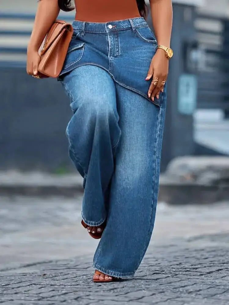 Women's Loose Fitting Fake Two Piece Wide Leg Denim Jeans Pants