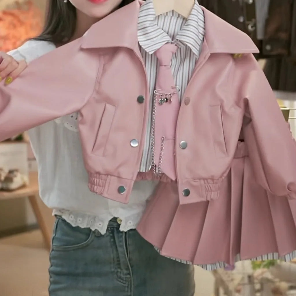 Girls' Leather Jacket Pleated Skirt Two-Piece Set