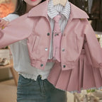 Girls' Leather Jacket Pleated Skirt Two-Piece Set