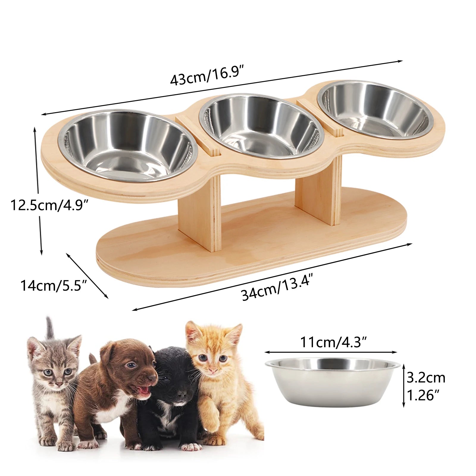 Elevated Wood Cat Feeder with 3 Stainless Steel Bowls